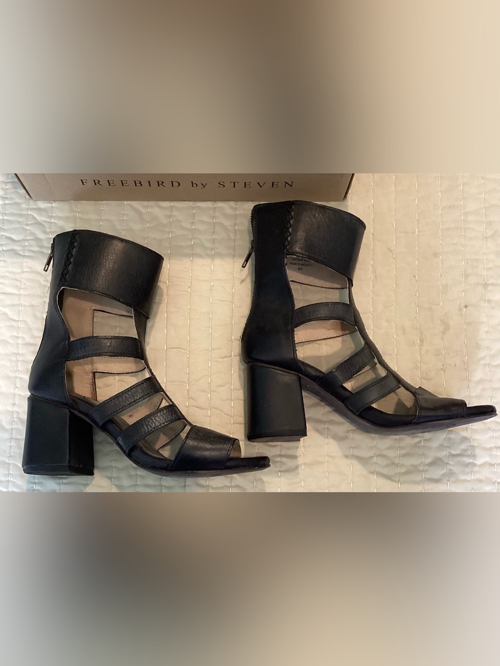 Freebird Raven Black Leather Cage Heels Boho Luxe Gladiator Sandals Size 9